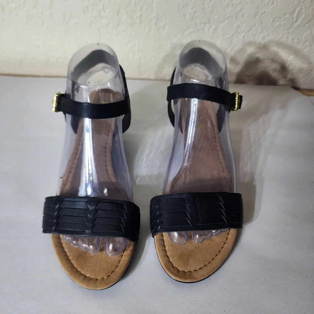 Lauren Ralph Lauren Black Leather Woven Wedge Sandals Womens 7.5B Low Heel